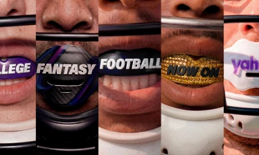 Different mouth gear spelling out "college fantasy football now on yahoo!"