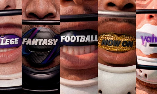 Different mouth gear spelling out "college fantasy football now on yahoo!"
