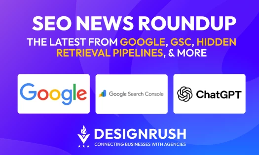 DesignRush's SEO News Roundup covering Google, Google Search Console, and ChatGPT, featuring the three companies' logos on a purple gradient background.