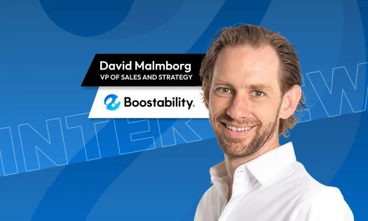 Interview graphic for David Malmborg, VP of Sales and Strategy at Boostability, shown against a blue "Interview" branded background with the Boostability logo.