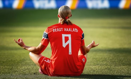 Back shot of Erling Halaand in Norway home kit and his man bun matching red KKNEKKI hair tie.