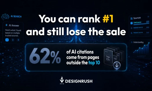 Infographic titled "You can rank #1 and still lose the sale," showing that 62% of AI citations come from pages outside Google's top 10 search results.