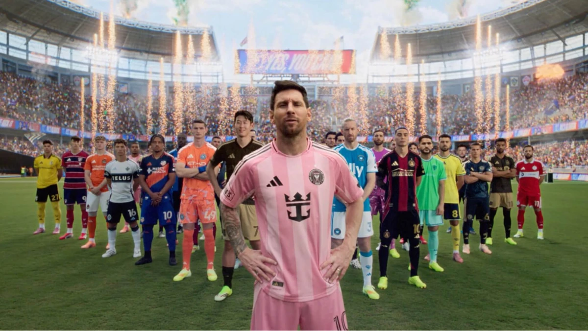 Lionel Messi and multiple football icons on the pitch