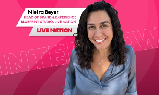 Interview graphic featuring a portrait of Mietra Beyer with text identifying her as Head of Brand & Experience at Blueprint Studio, Live Nation