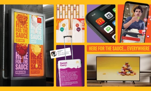 OOH displays, the Sauce Stop, dripping sauce McDonald's app logo, brand social feed, the Sweet Curry Suitcase, and a TV ad frame.