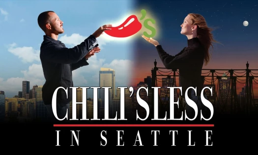 A man in the daytime and woman in the nighttime on opposite sides of Chili's logo with "CHILI'SLESS IN SEATTLE" copy center-bottom.