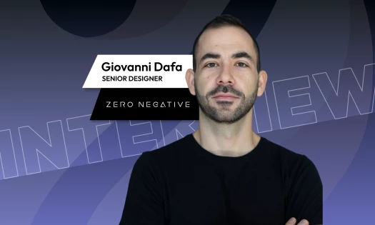 Giovanni Dafa, Senior Designer at Zero Negative, shown against a purple "Interview" branded background with the Zero Negative logo.