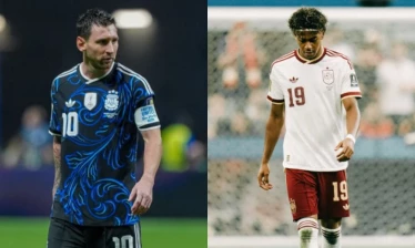 Lionel Messi and Lamine Yamal in their respective Adidas national away football kits.
