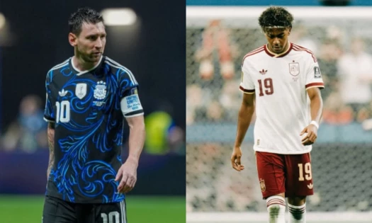 Lionel Messi and Lamine Yamal in their respective Adidas national away football kits.