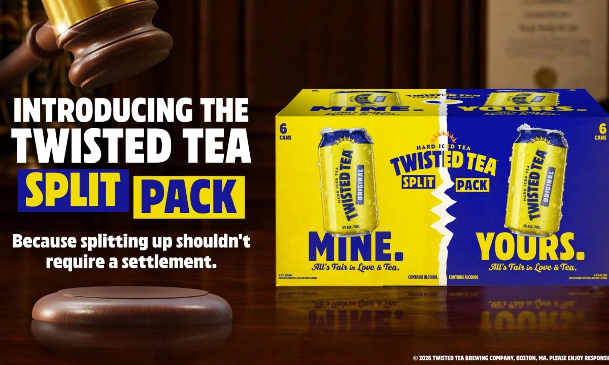 Twisted Tea's limited-edition Split 12-pack alongside a gavel introducing the product "because splitting shouldn't require a settlement."