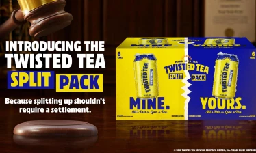 Twisted Tea's limited-edition Split 12-pack alongside a gavel introducing the product "because splitting shouldn't require a settlement."