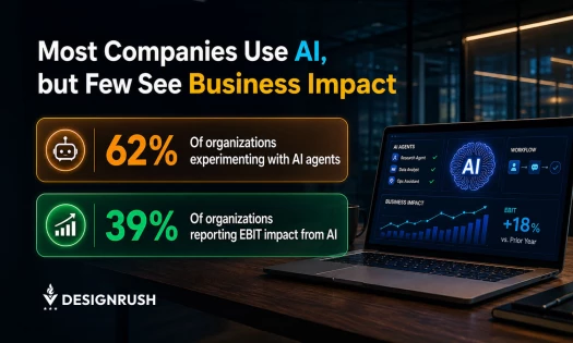 Graphic with a blue background featuring the text "12% Search Ad Growth Puts Microsoft Back in Focus." To the right, a bright yellow arrow curves upward through a magnifying glass, set against a faint Windows logo, a search bar, and the DesignRush logo.