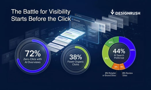 An infographic titled "The Battle for Visibility Starts Before the Click" by DesignRush. It features search-related data charts showing: 72% zero-click with AI Overviews, 38% fewer organic clicks, and 44% preferring AI search, compared to smaller shares f