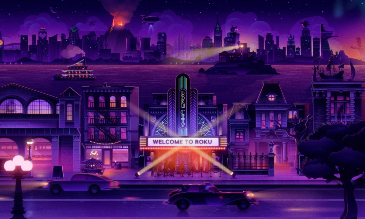 Roku City theater in Roku brand colors and identity.