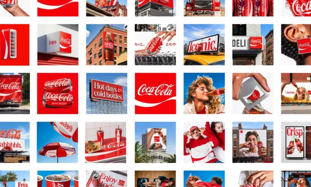 A collage of Coca-Cola's visual cues across OOH, packaging design, and retail.
