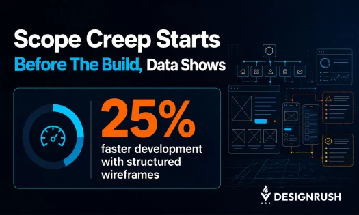 Infographic titled "Scope Creep Starts Before The Build, Data Shows," showing 25% faster development with structured wireframes, beside a diagram of connected wireframe and dashboard components.