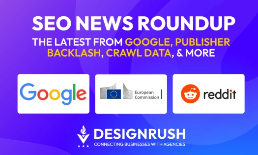 SEO News Roundup featuring Google, EU, and Reddit logos on a purple background.
