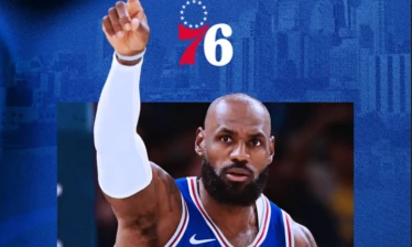 LeBron James in 76ers kit and the team logo overhead.
