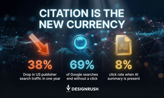 Infographic titled "Citation Is the New Currency," showing a 38% drop in US publisher search traffic in one year, 69% of Google searches ending without a click, and an 8% click rate when an AI summary is present.
