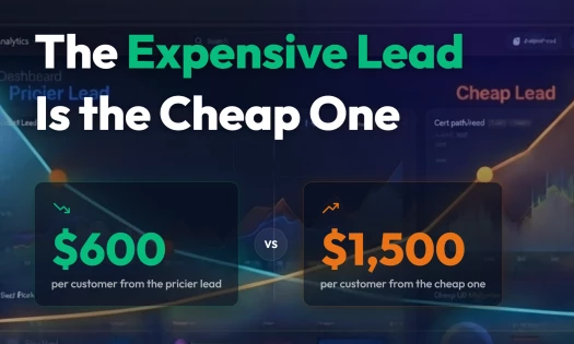 Infographic titled "The Expensive Lead Is the Cheap One," comparing $600 per customer from the pricier lead versus $1,500 per customer from the cheap one.