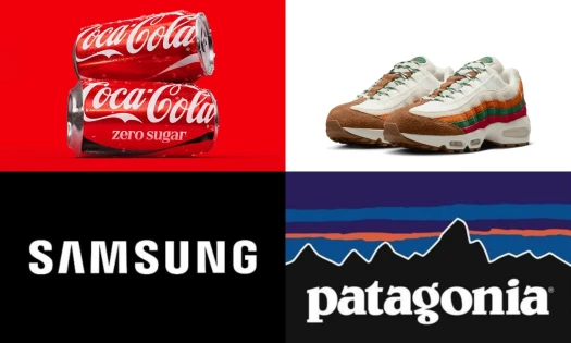 Coca-Cola cans; Nike Air Max 95 "Big Bubble"; Samsung logo; Patagonia logo