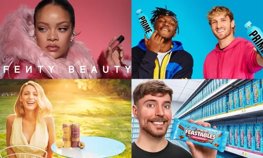 A collage featuring promotional images for Fenty Beauty, Prime Hydration, Betty Booze, and Feastables