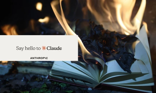 Books burning with a tag reading "Say hello to Claude" the Anthropic logo is below it.