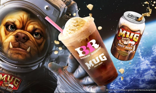 MUG Root Beer's mascot DOG holding up the new collab with Baskin-Robbins