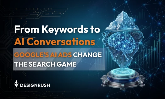 Digital iceberg with AI brain and neural network circuitry, representing Google's shift from keyword search to AI-powered conversational search, DesignRush graphic