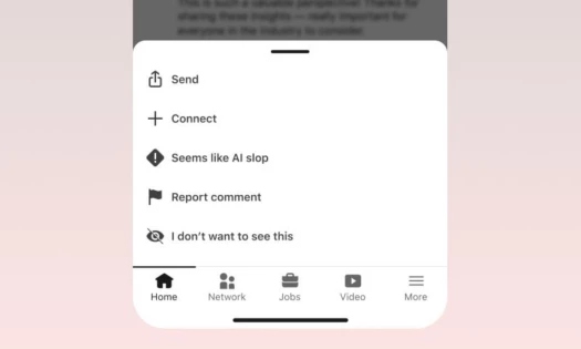 LinkedIn interface with its various button options including the new "Seems like AI Slop" button.