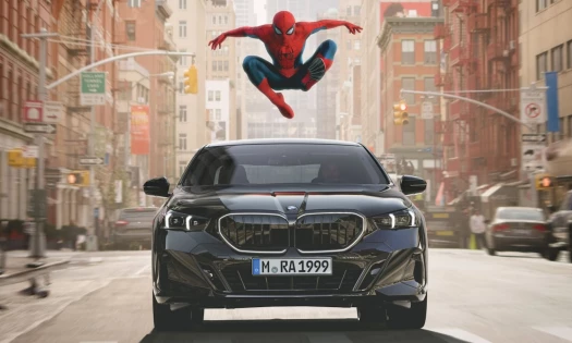 A promotional photo for BMW's brand partnership with Spider-Man: Brand New Day