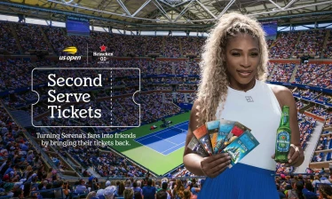 Serena Williams holding past US Open tickets and a bottle Heineken 0.0, with the copy, " Second Serve Ticket. Turning Serena's fans into friends by bringing their tickets back."
