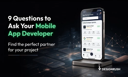 Text graphic reading "9 Questions to Ask Your Mobile App Developer: Find the perfect partner for your project" alongside a smartphone displaying a developer finder app.