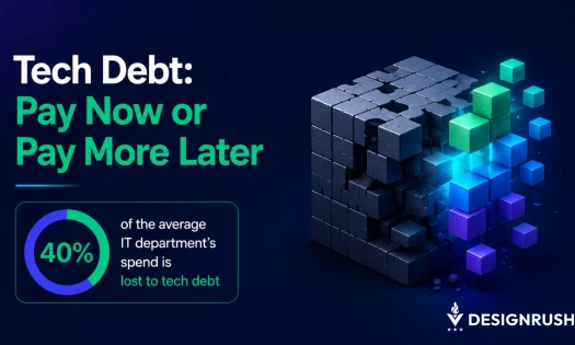 Infographic titled "Tech Debt: Pay Now or Pay More Later," showing 40% of the average IT department's spend is lost to tech debt, beside a cube breaking apart into colorful blocks.