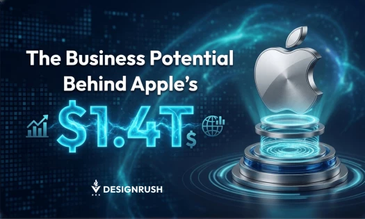 Graphic with text reading "The Business Potential Behind Apple’s $1.4T" alongside a metallic Apple logo floating above a futuristic pedestal and the DesignRush logo.