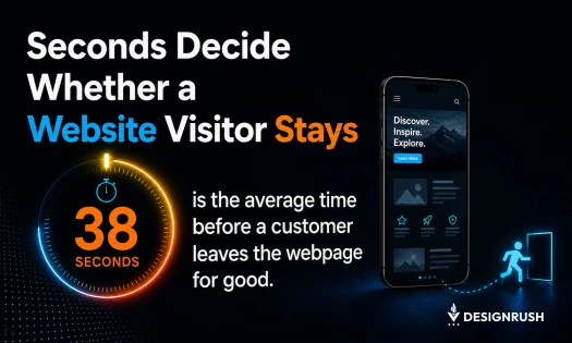 Infographic titled "Seconds Decide Whether a Website Visitor Stays," showing 38 seconds is the average time before a customer leaves the webpage for good, beside a mobile site screen and a figure walking out a door.