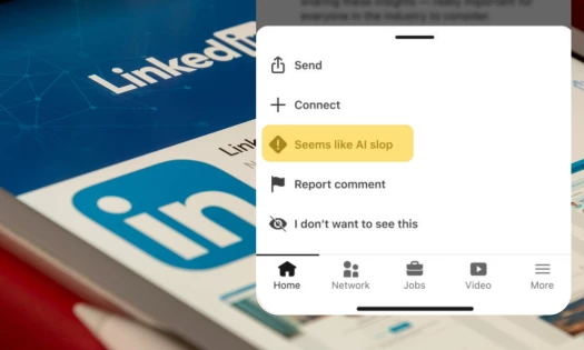 LinkedIn interface with its various button options including the new "Seems like AI Slop" button.