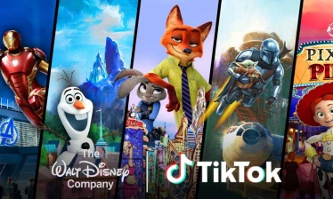 Five panels, left to right, Marvel's Iron Man, Frozen's Olaf, Zootopia's Judy Hopps and Nick Wilde, The Mandalorian, Toy Story's Jessie. The Walt Disney Company and TikTok logos overlaid, aligned at the center bottom.
