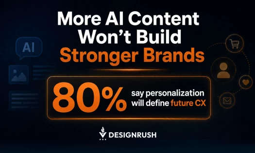 Graphic with text reading, "More AI Content Won't Build Stronger Brands. 80% say personalization will define future CX," and the DesignRush logo.