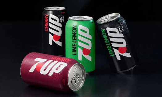 7UP new packaging design with vertical logos, solid bold backgrounds, and "Lime Lemon" flavor lettering.