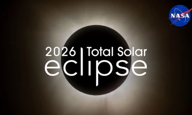 Image of the 2026 total solar eclipse with the NASA logo in the top right corner.