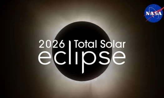 Image of the 2026 total solar eclipse with the NASA logo in the top right corner.