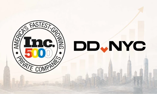 Inc. 5000 America's Fastest-Growing Private Companies seal beside the DD.NYC logo, over a New York City skyline with an upward growth chart.