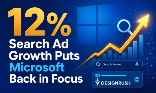 12% Search Ad Growth Puts Microsoft Back in Focus graphic featuring an upward-trending arrow, search icons, and the DesignRush logo.