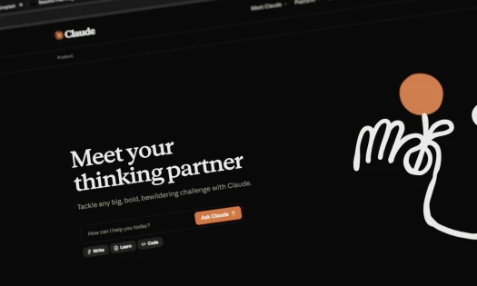 A photo showing Claude's homepage, with the text "Meet your thinking partner" shown on the screen