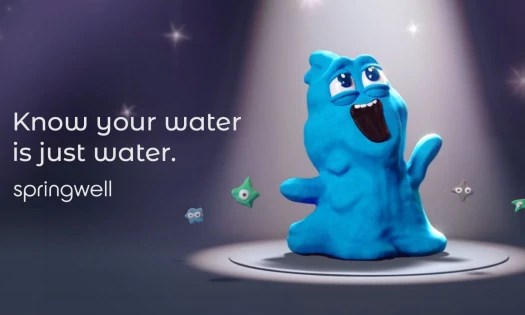 Walter the Water Droplet in claymation style. The title "Know your water is just water." sits to the left with the SpringWell logo.
