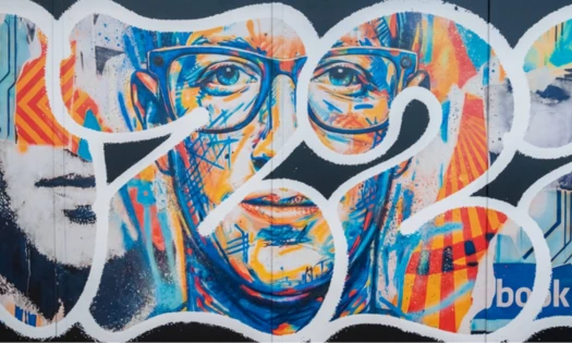 A mural of Meta CEO Mark Zuckerberg, his Facebook banner
