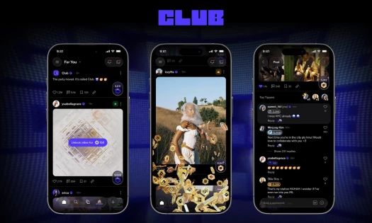 Club's social feed display across three screens in the brand's colors.
