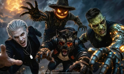 From left to right: a vampire, a jack-o-lantern scarecrow, a werewolf, a bionic monster.