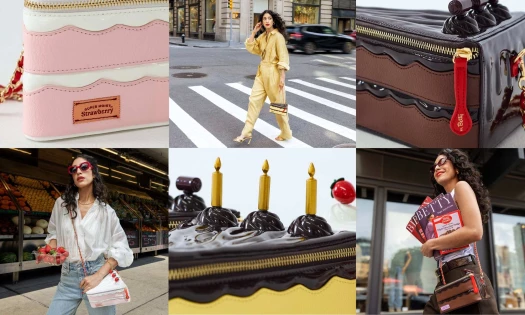 Six image collage of Bronwyn Newport and close-ups of the Betty Crocker cake-slice handbags.